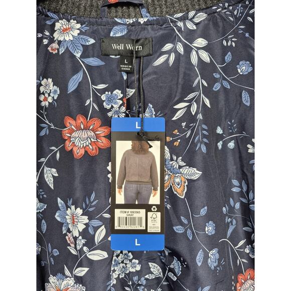 Well Worn Jacket Womens Large Gray Snap Front Bomber Floral Lined Coat - Picture 6 of 10